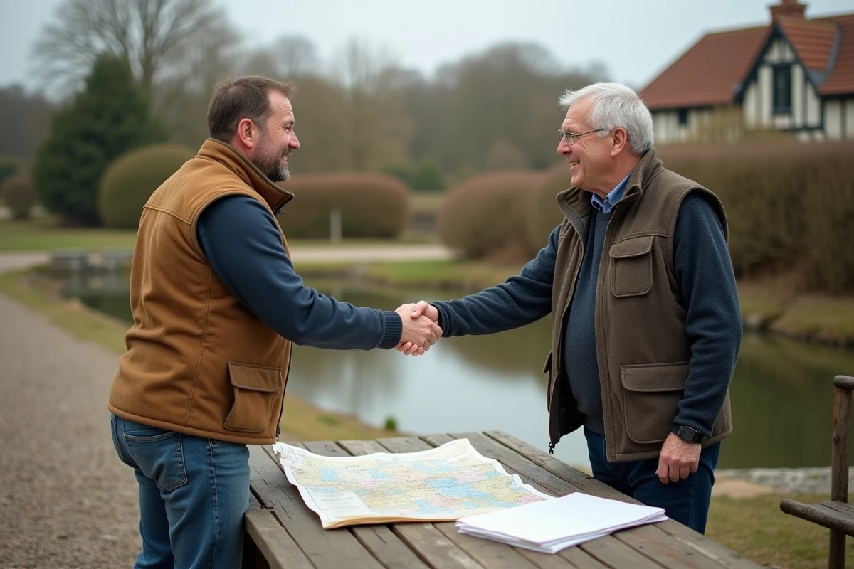 Deux hommes se serrant la main pour conclure un accord d'achat d'étang en copropriété autour de documents officiels en extérieur