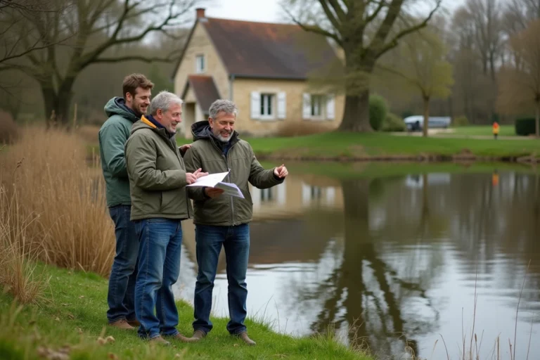 Trois copropriétaires adultes discutant de l'achat d'un étang en consultant des documents au bord de l'eau en campagne française