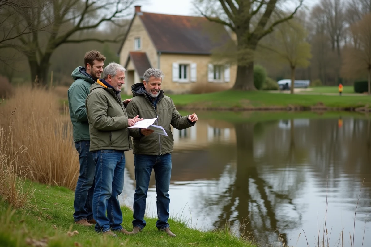 Trois copropriétaires adultes discutant de l'achat d'un étang en consultant des documents au bord de l'eau en campagne française