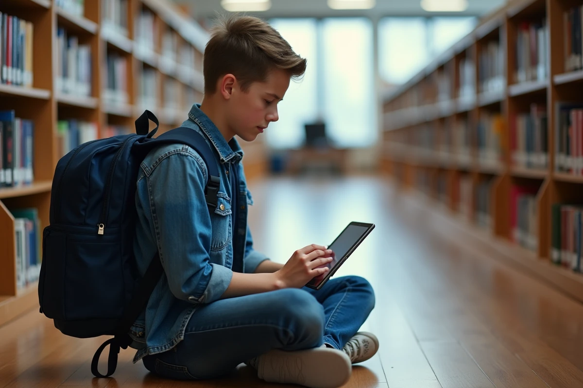 Adolescent se connectant à un portail scolaire en ligne sur une tablette dans une bibliothèque scolaire