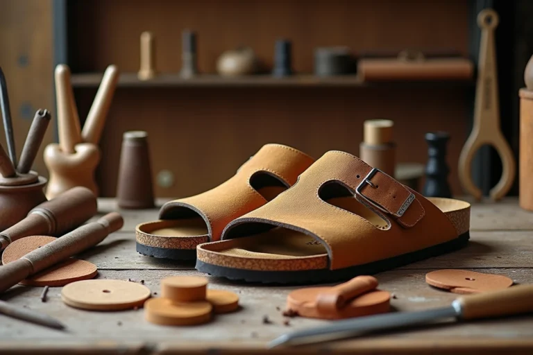 Paire de sandales Birkenstock Arizona en daim naturel posée sur un établi d'artisan avec des outils de maroquinerie traditionnels
