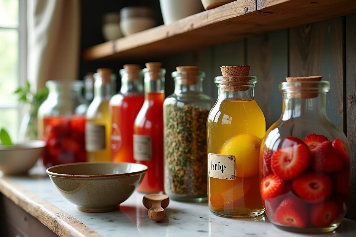 Rangée de bocaux maison contenant des fruits conservés avec des alternatives à l'alcool de ménage