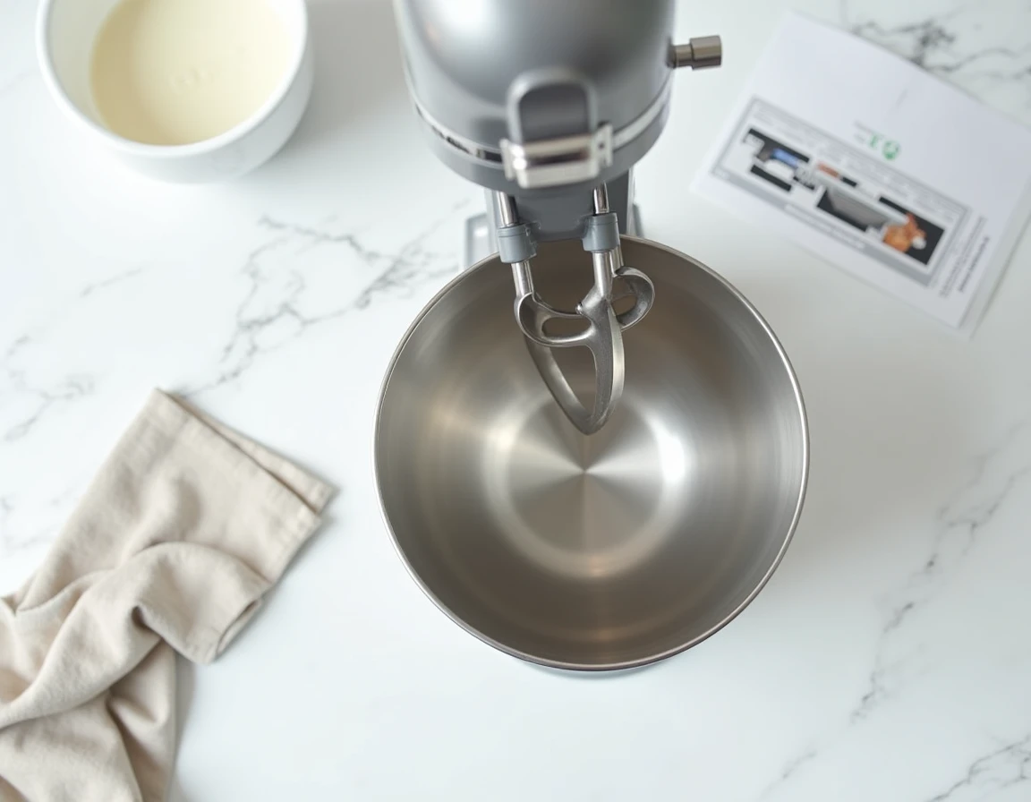 Bol en inox Kenwood retourné montrant les ergots de verrouillage sur un plan de travail en marbre blanc