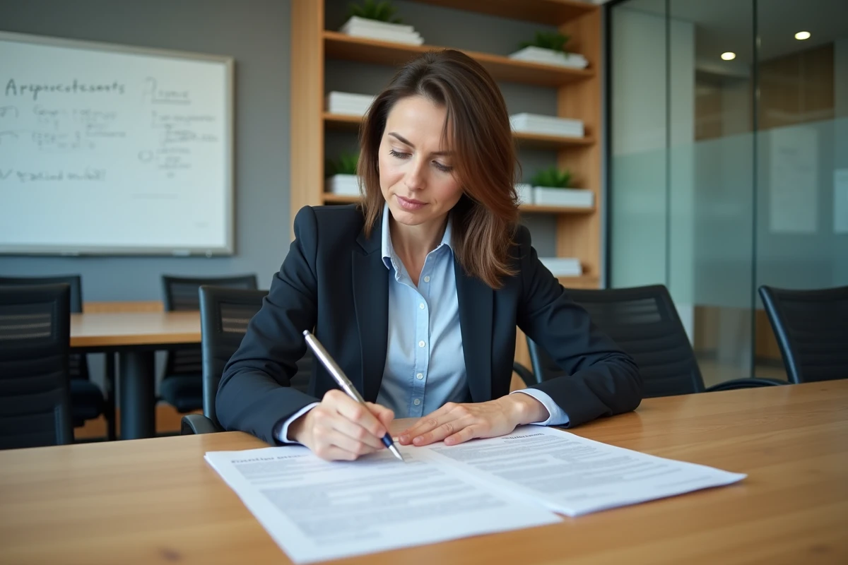 Femme cadre étudiant des documents sur le droit de grève dans une salle de réunion d'entreprise