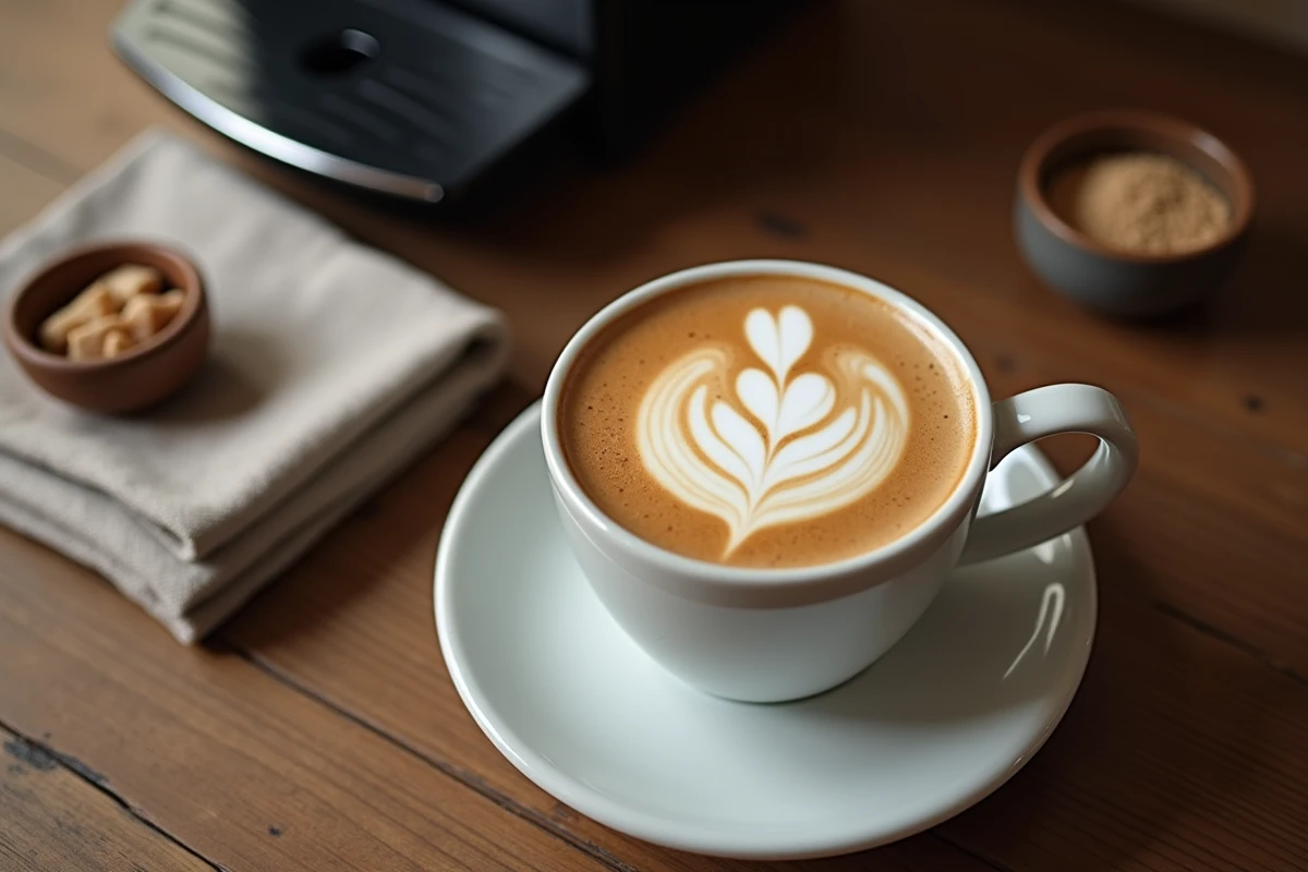 Cappuccino parfait dans une tasse blanche sur table en bois avec sucres et serviette en lin, style éditorial