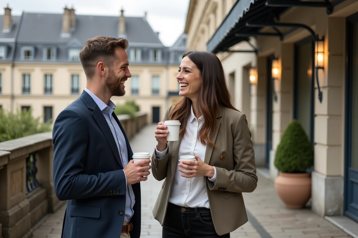 Deux collègues de bureau en pause à l'extérieur de leur entreprise, discutant autour d'un café dans un contexte urbain français