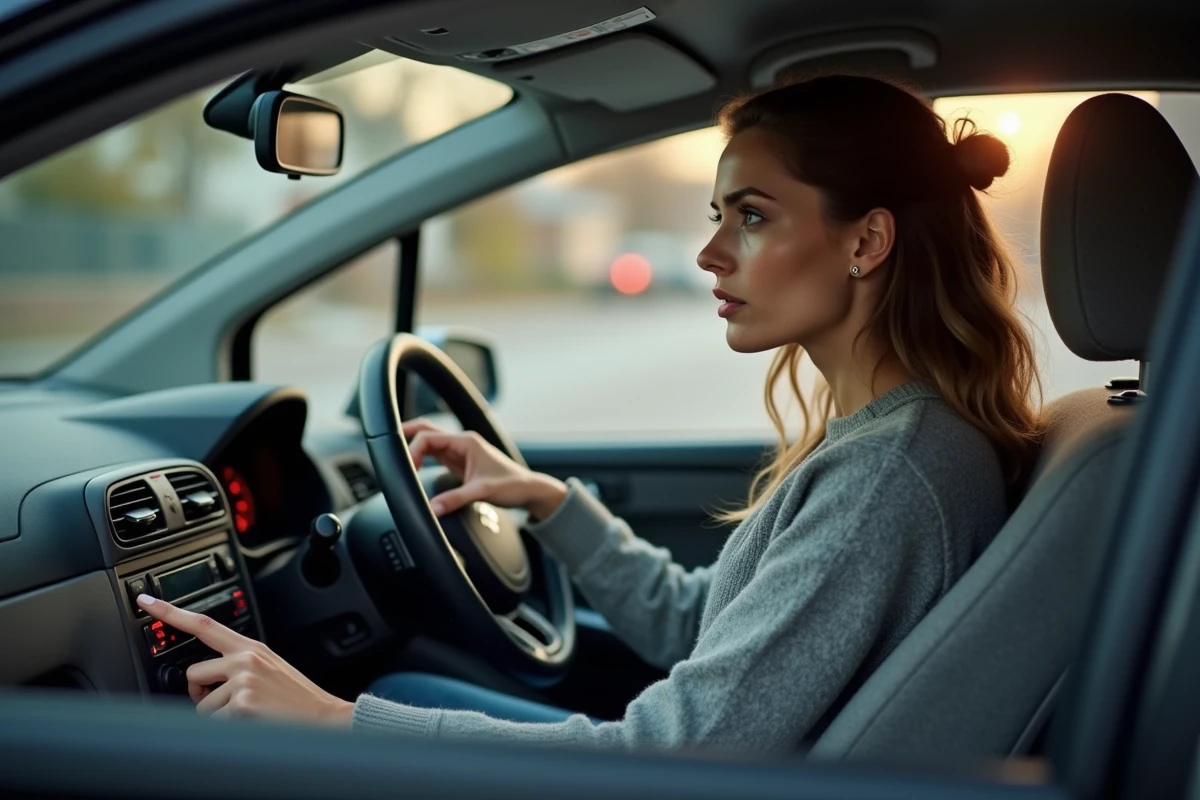 Conductrice inquiète montrant le voyant d'alerte sur le tableau de bord de sa Citroën C3