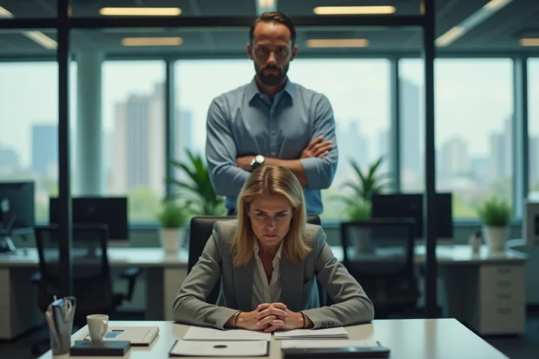 Femme stressée au bureau face à un collègue frustré