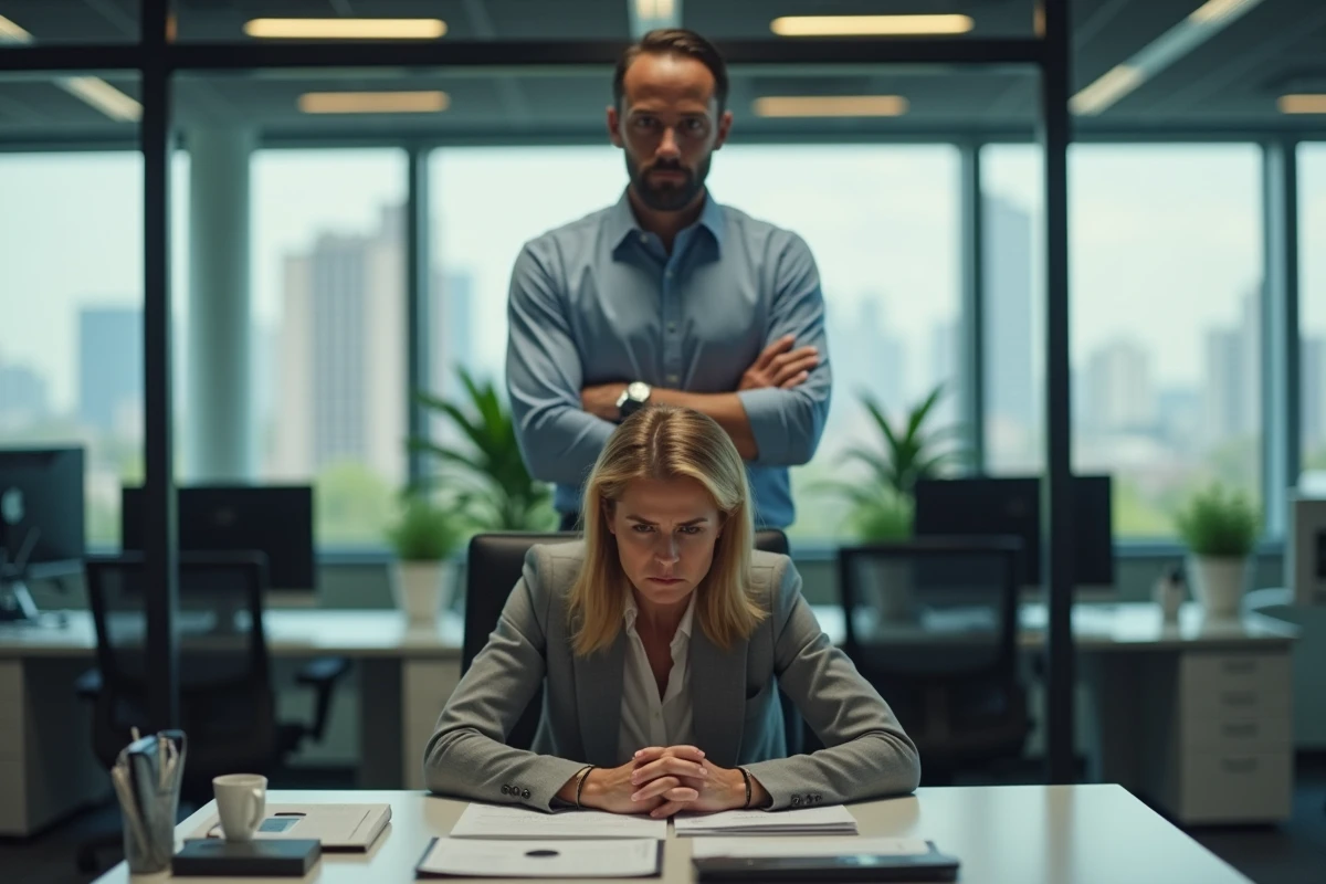 Femme stressée au bureau face à un collègue frustré