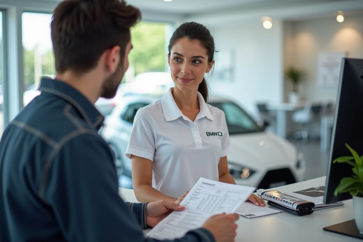 Conseillère BMW remettant une facture de vidange à un client à l'accueil d'un centre de service officiel