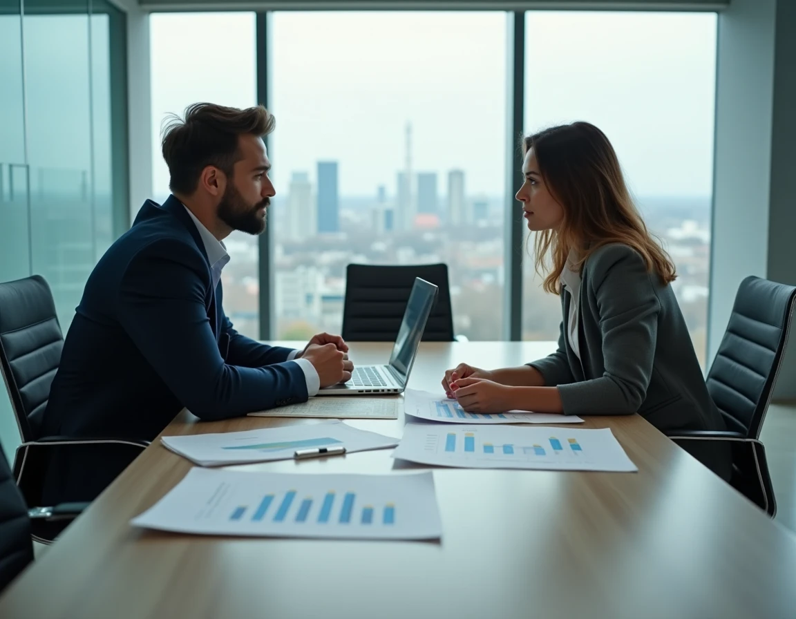 Deux conseillers financiers discutant de stratégies d'investissement en actions pour petits porteurs dans un bureau moderne