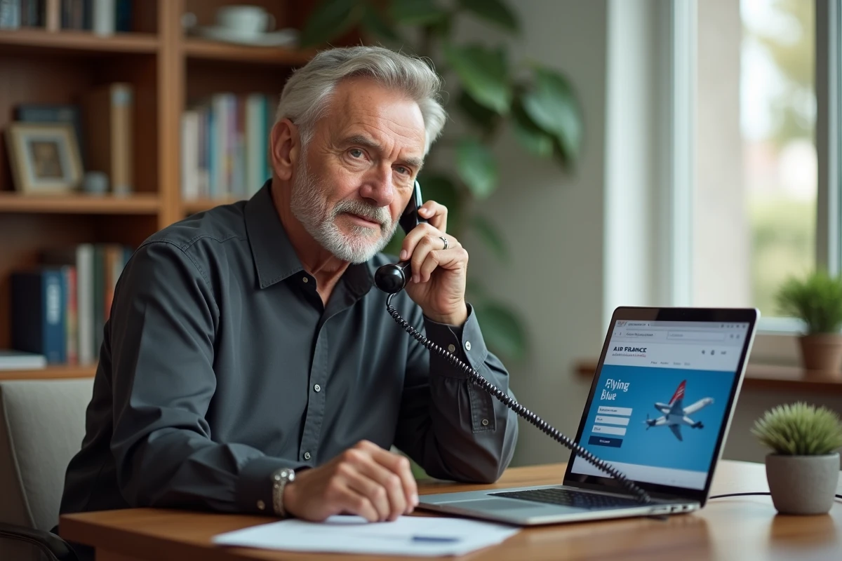Homme contactant le service Flying Blue Platinum par téléphone depuis son bureau à domicile avec un ordinateur portable ouvert