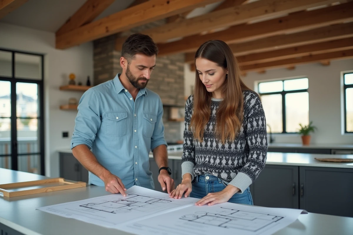 Jeune couple discutant plans de cuisine avec un entrepreneur