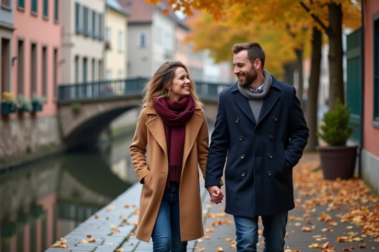 Couple en balade romantique dans la Petite France à Strasbourg en automne, entre maisons alsaciennes et canaux
