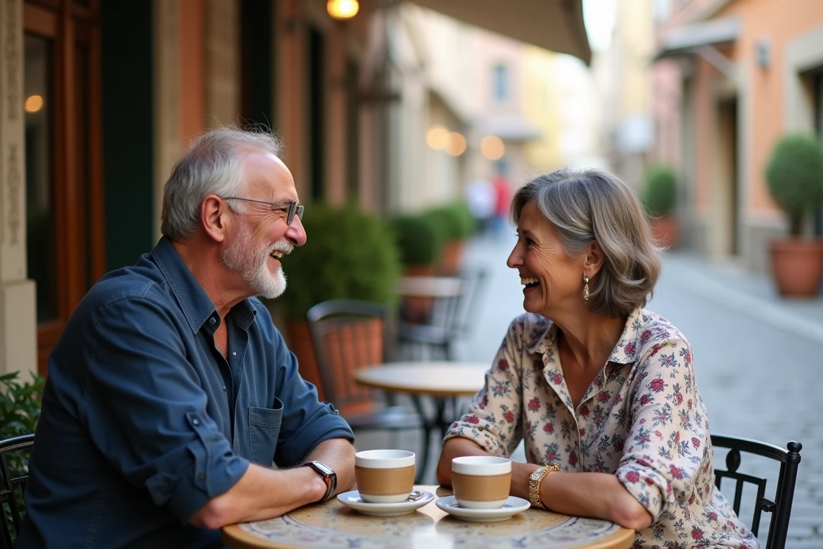 Couple de seniors en train de prendre un café en terrasse lors d'un premier rendez-vous romantique
