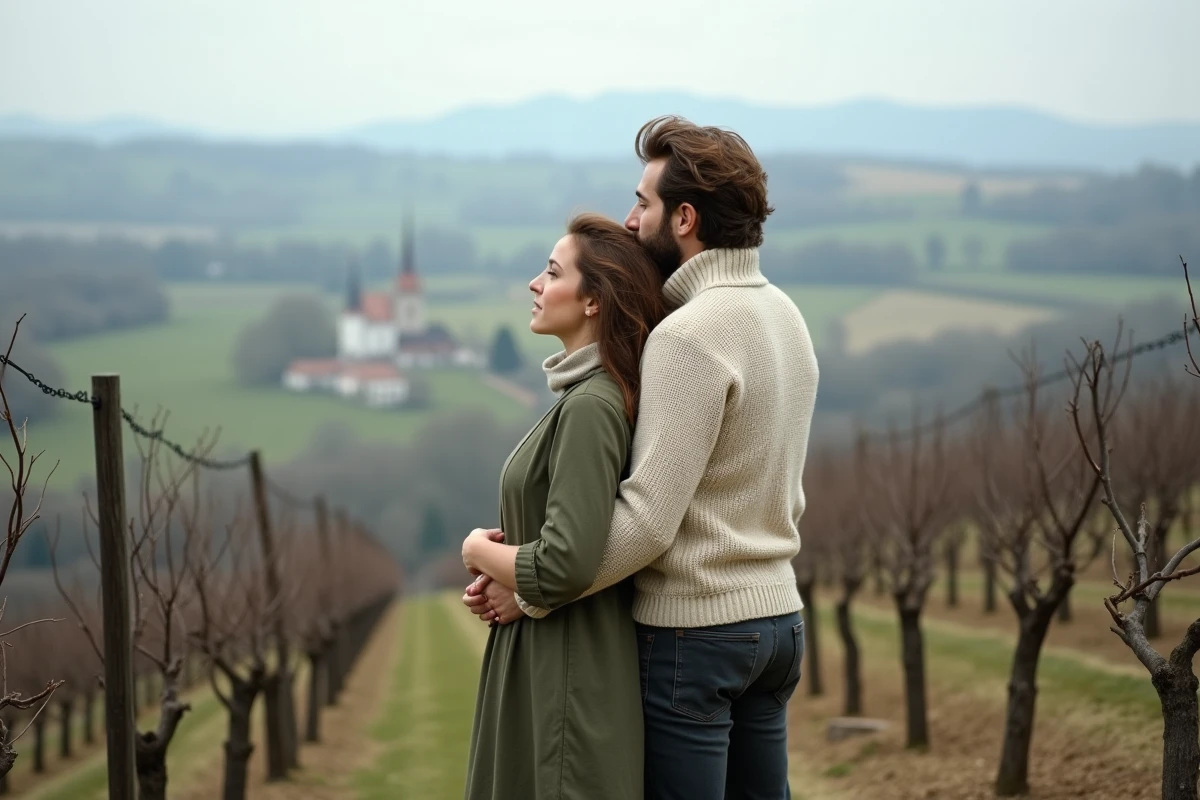 Couple enlacé sur les vignes de la route des vins d'Alsace avec vue panoramique sur la vallée du Grand Est
