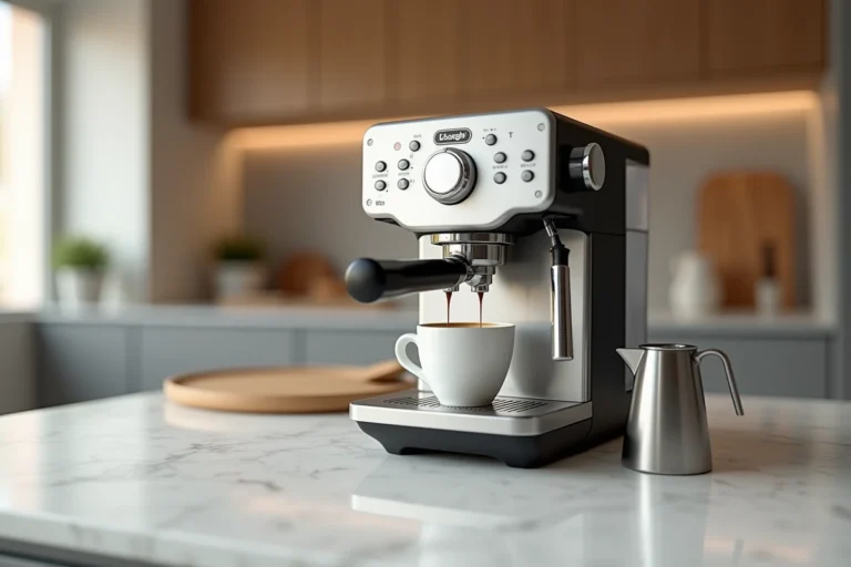 Machine DeLonghi Magnifica S préparant un cappuccino sur un comptoir en marbre blanc avec un pichet de lait moussé