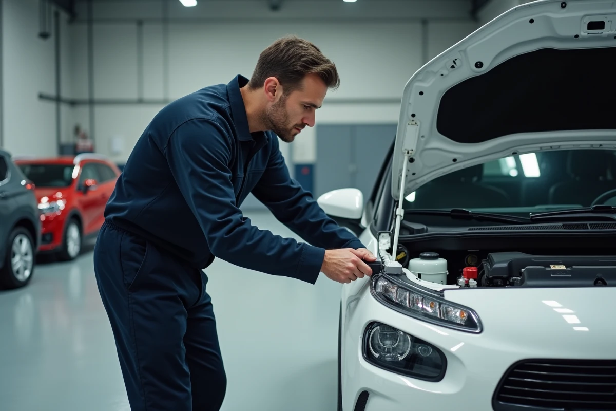 Mécanicien branchant un lecteur de codes OBD2 sur une Citroën C3 dans un garage automobile
