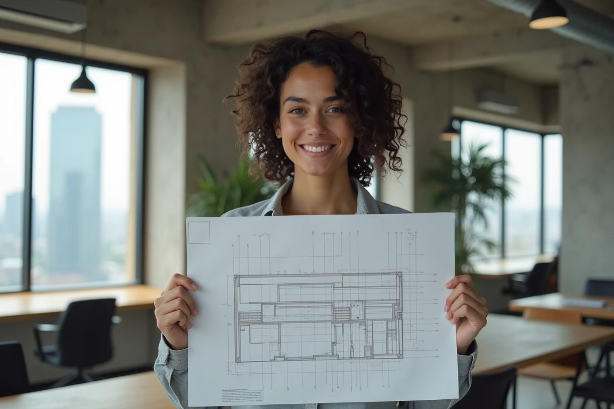 Femme tenant un plan architectural montrant des lignes horizontales et verticales dans un bureau moderne