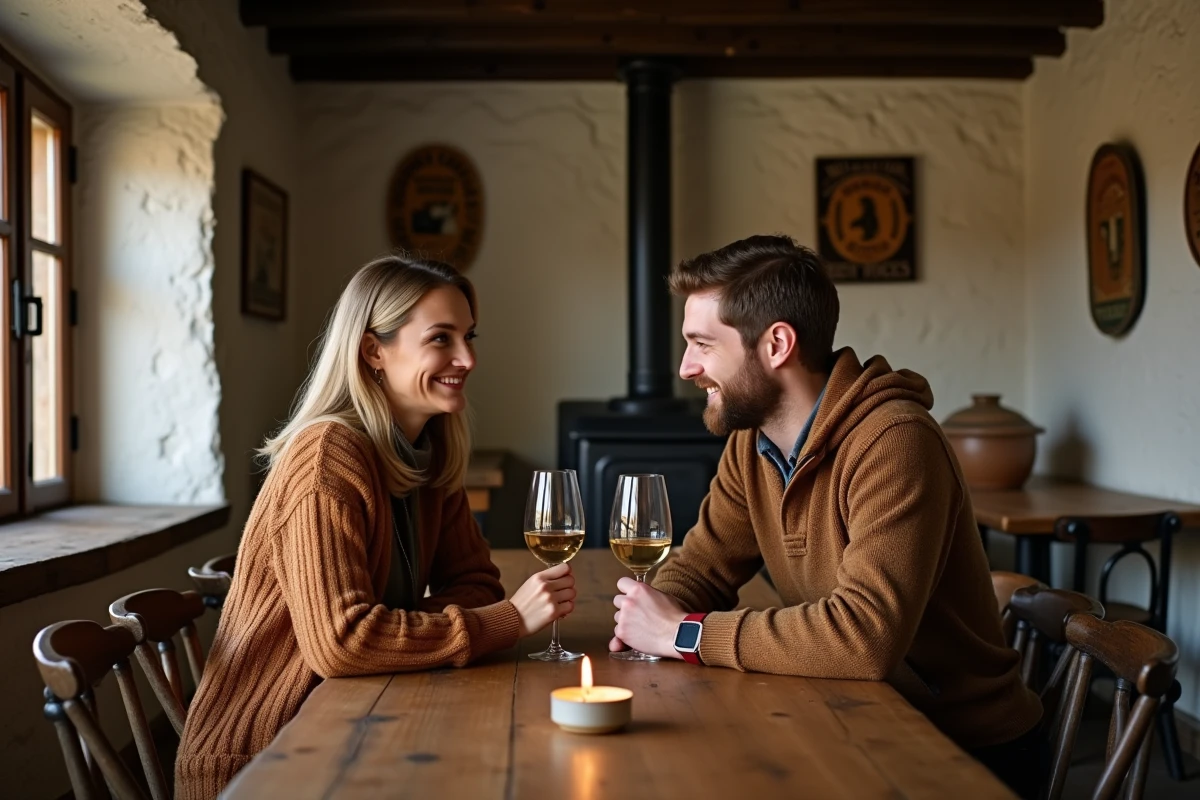 Couple partageant un verre de Riesling dans une winstub alsacienne typique lors d'un week-end romantique dans le Grand Est