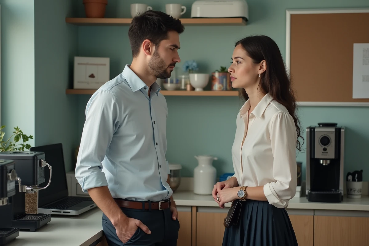 Jeune homme confiant parlant à une collègue dans la cuisine