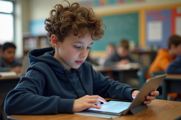 Élève dys au collège utilisant une tablette avec un logiciel d'aide à la lecture en classe