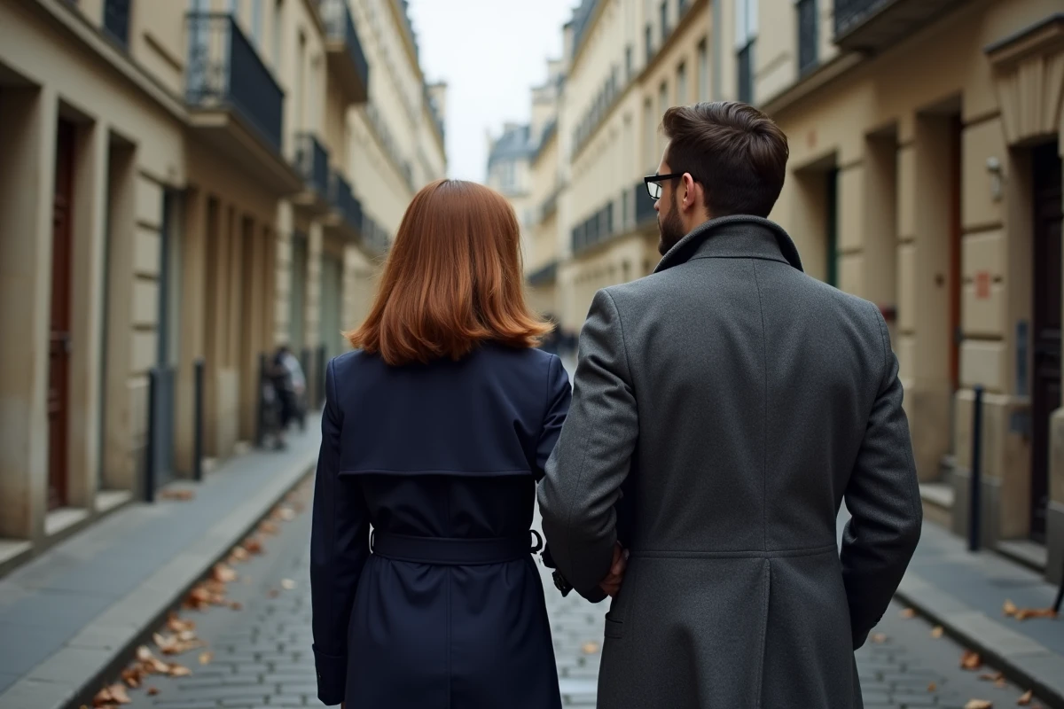 Couple discret marchant côte à côte sur un trottoir pavé parisien en automne, visages tournés de profil
