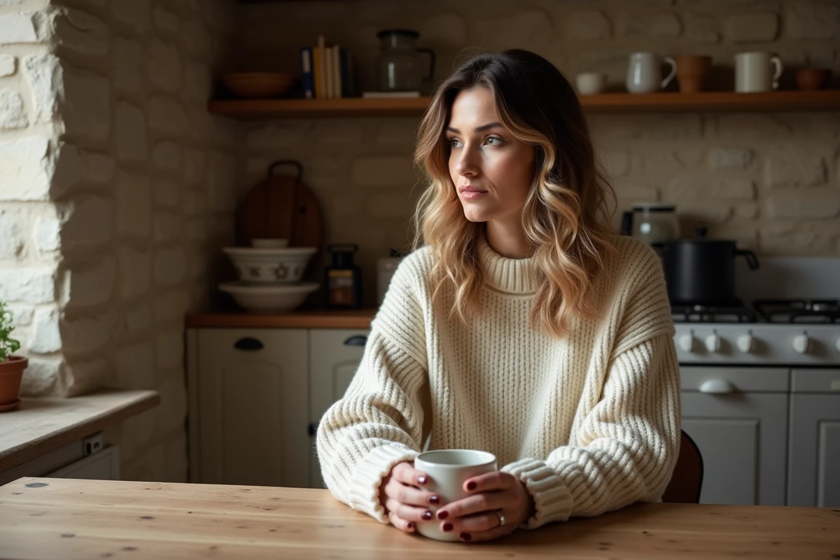 Femme pensive assise à une table en bois dans une cuisine rustique, tenant un mug, dans un intérieur chaleureux et intimiste