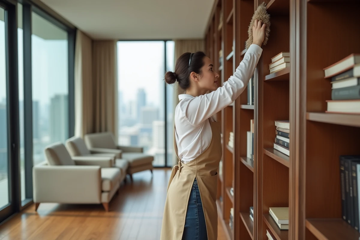 Employée de maison époussetant une bibliothèque dans un appartement moderne et luxueux de Dubaï avec vue sur la ville