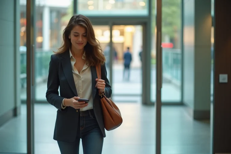 Employée quittant les locaux de son entreprise pendant la pause déjeuner, illustrant le droit de sortir au travail