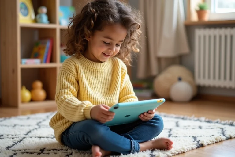 Jeune fille explorant une tablette enfant dans une salle de jeux moderne et colorée