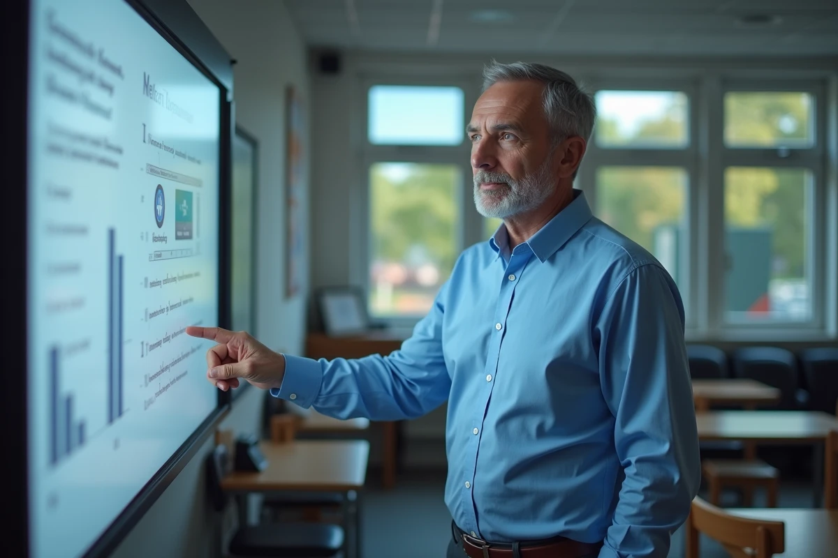 Enseignant présentant la plateforme maclasse2023 sur un écran de projection en salle de classe