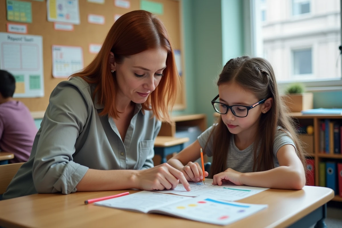 Enseignante aidant une élève dyslexique avec des outils pédagogiques adaptés dans une salle de soutien