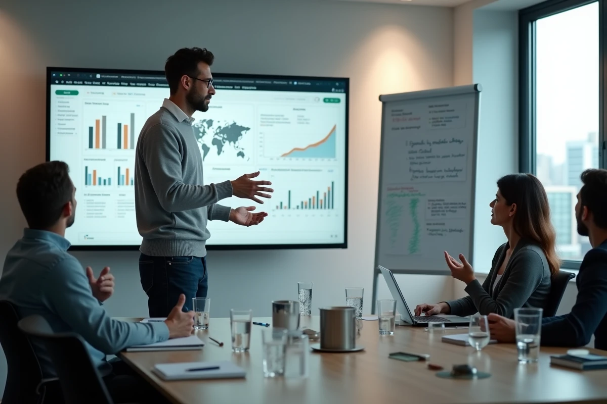 Entrepreneur présentant une stratégie de services digitaux pour booster la visibilité internet devant son équipe