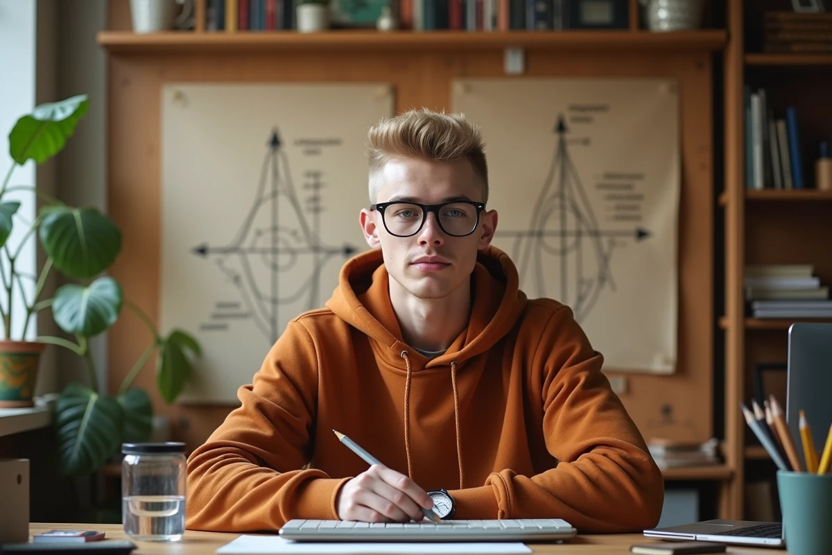 Étudiant en design assis devant un tableau de croquis annotés illustrant les axes horizontal et vertical