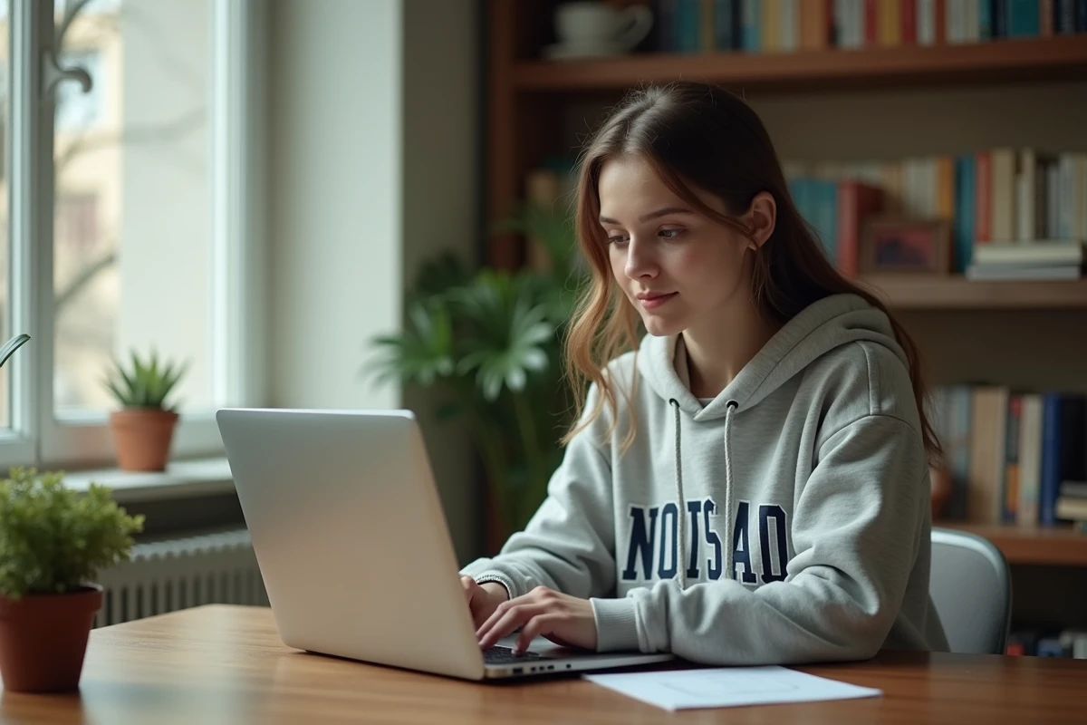 Étudiante connectée à une plateforme scolaire en ligne sur son ordinateur portable dans un appartement étudiant