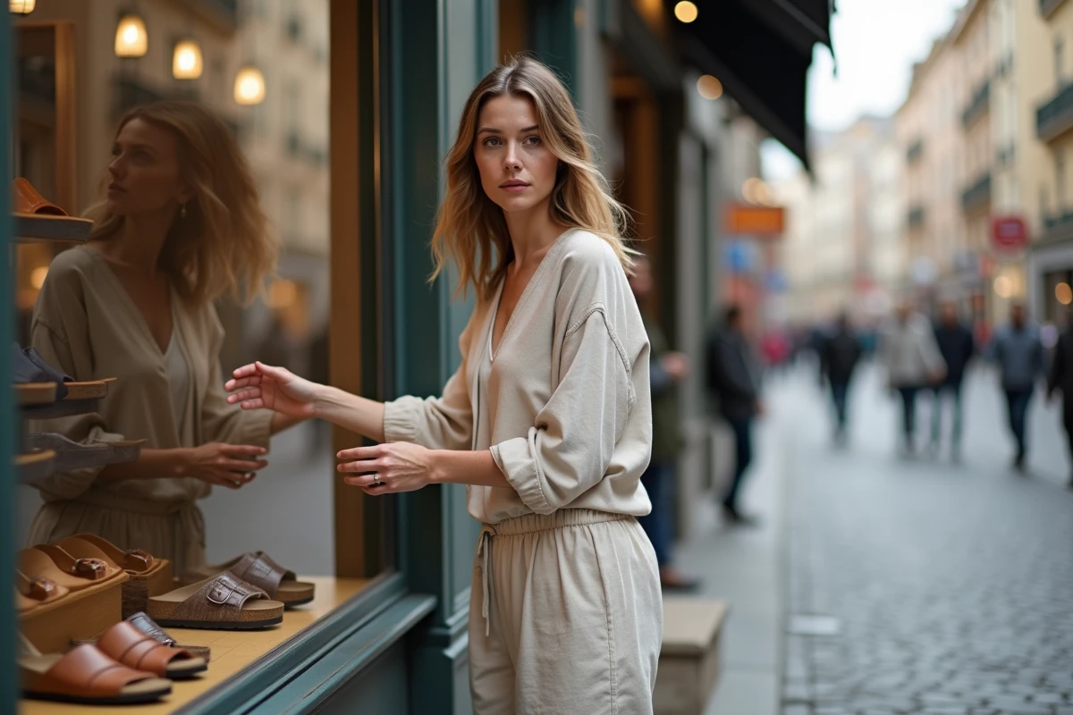 Femme portant des sabots Birkenstock Boston en cuir dans une rue pavée européenne devant une boutique de chaussures