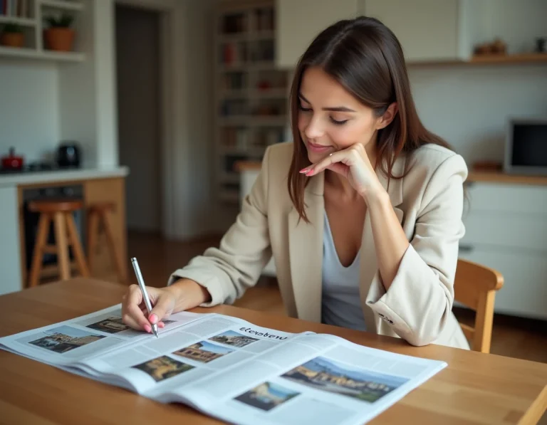 Femme consultant des annonces immobilières imprimées sur une table en bois dans un appartement moderne