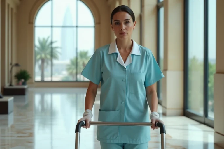 Femme de ménage en uniforme bleu poussant un chariot de nettoyage dans le couloir en marbre d'un hôtel de luxe à Dubaï