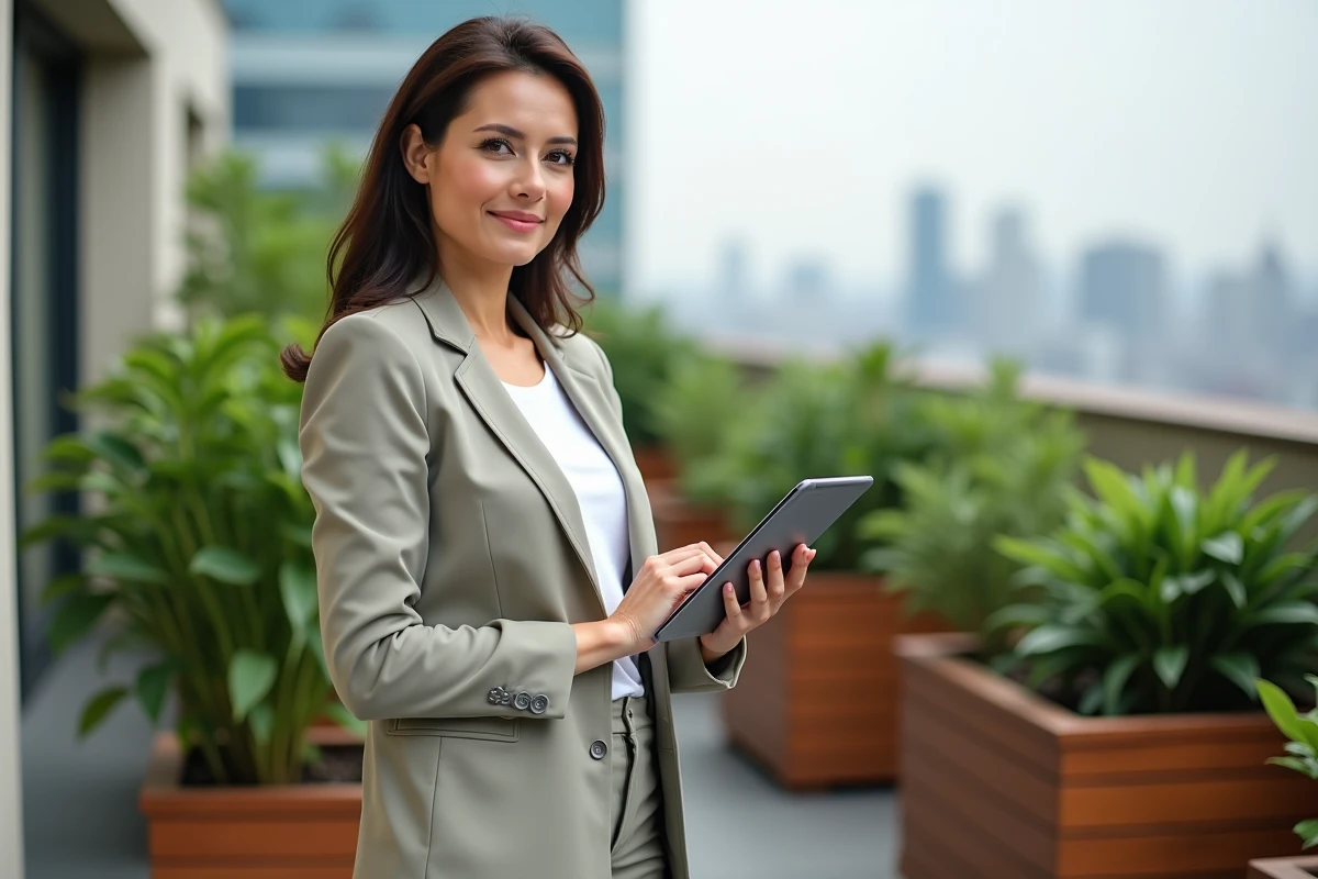 Femme entrepreneure souriante dans un jardin urbain en extérieur