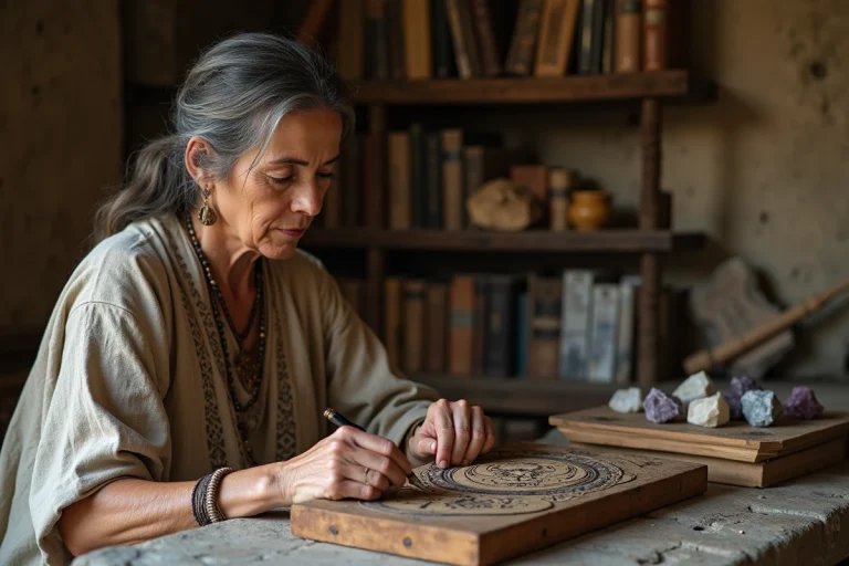 Femme méditative examinant un symbole ancien en bois