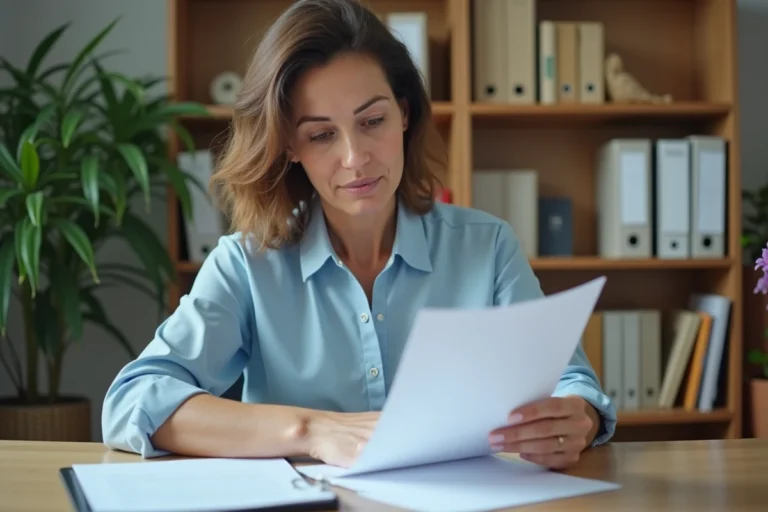 Femme consultant une fiche individuelle d'état civil à son bureau à domicile