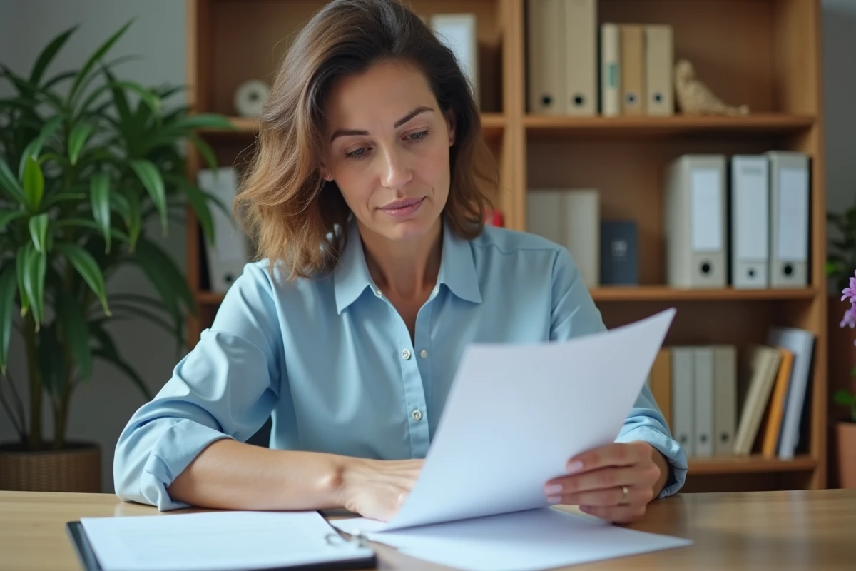 Femme consultant une fiche individuelle d'état civil à son bureau à domicile
