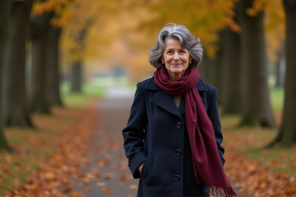 Femme française distinguée marchant sur un chemin automnal en Corrèze, manteau en laine marine et foulard bordeaux, feuilles dorées au sol