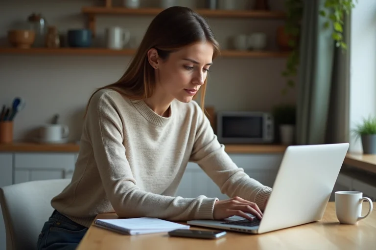 Jeune femme concentrée sur un formulaire en ligne à la maison