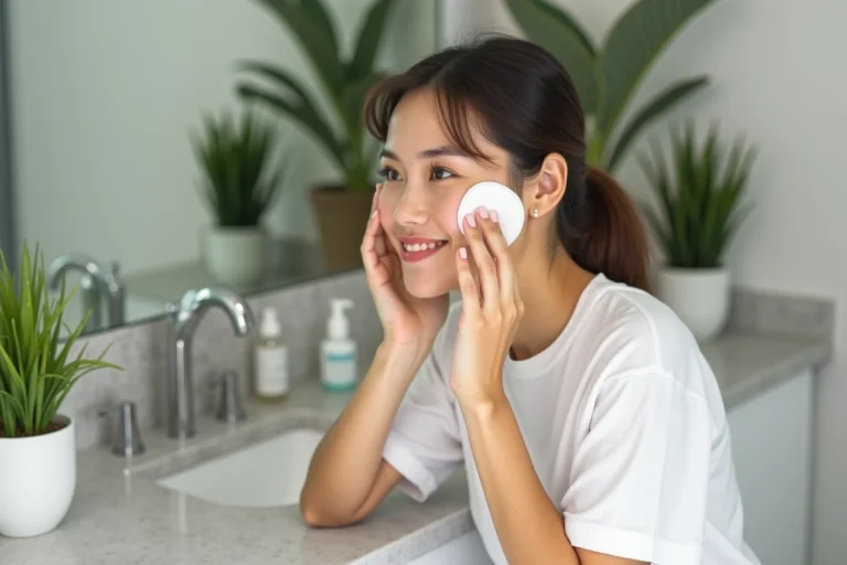 Jeune femme appliquant micellar water sur le visage