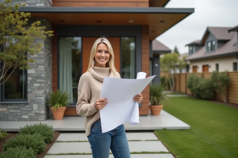 Femme debout devant sa maison écologique rénovée