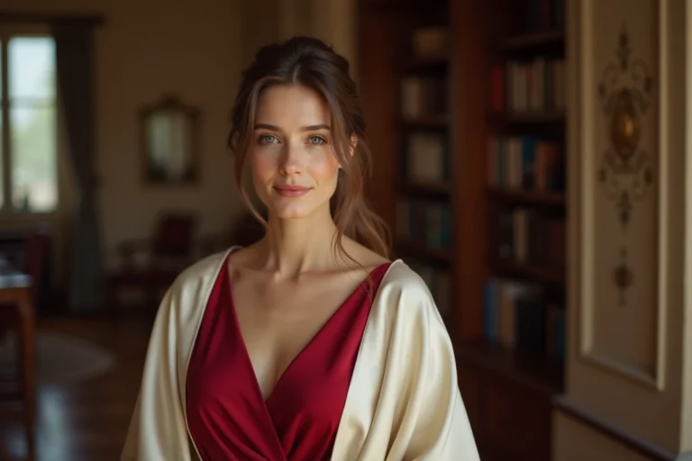 Femme élégante portant une robe rouge avec une étole en soie ivoire dans un appartement parisien