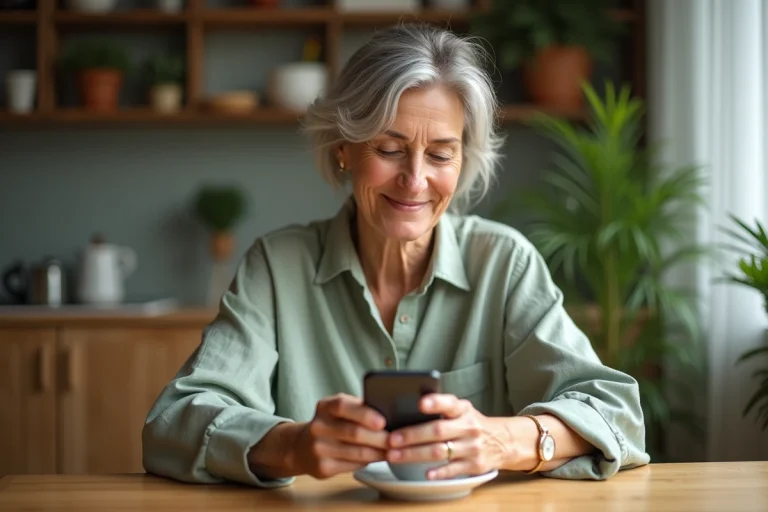 Femme senior souriante utilisant une application de rencontres sur son smartphone dans une cuisine chaleureuse
