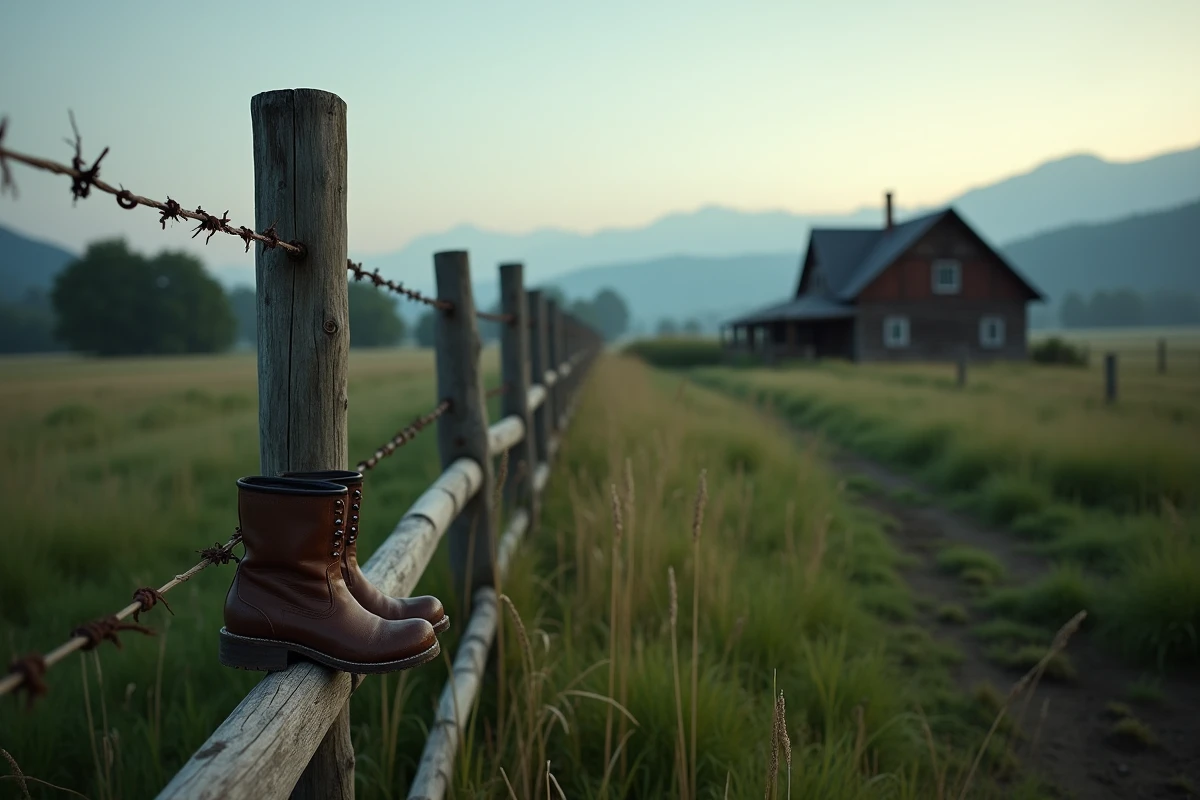 Ferme rurale vide à la tombée du jour avec des bottes solitaires appuyées contre une clôture en bois, paysage mélancolique évoquant l'absence et le deuil